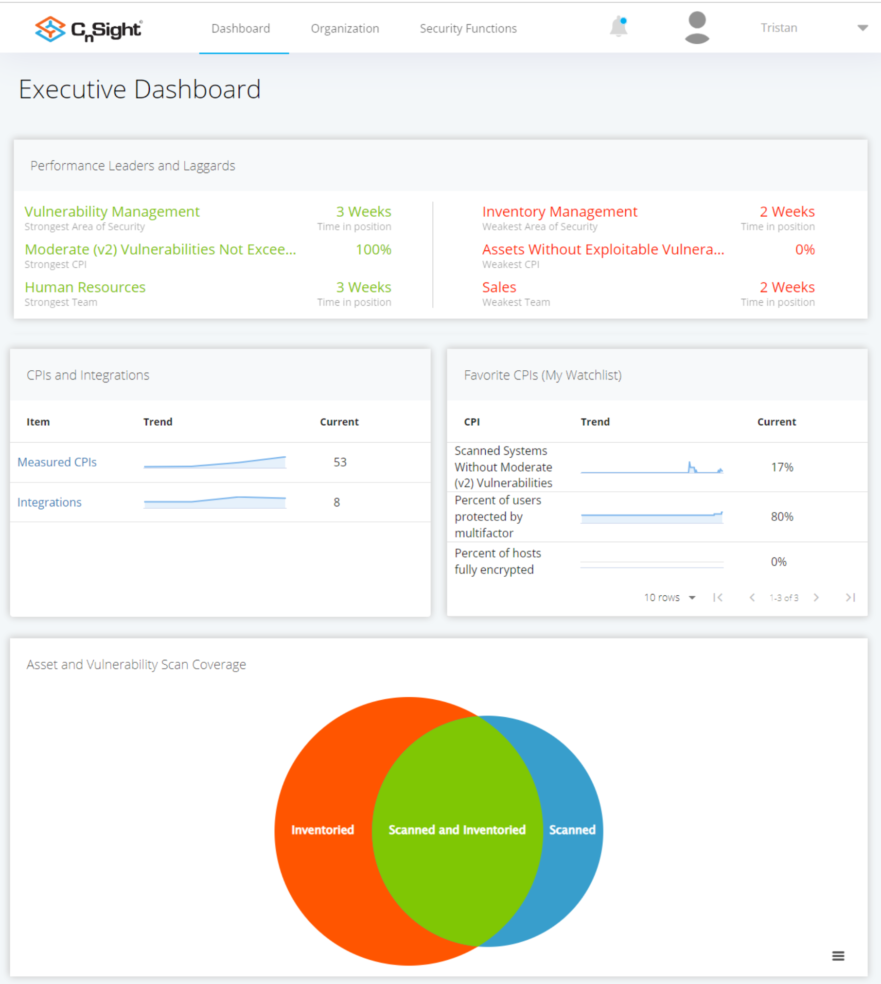Executive Dashboard of CnSight. Depicts various tables and graphs.